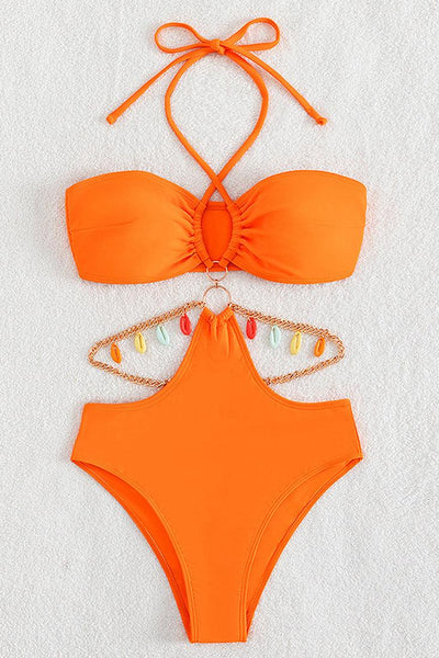 Orange Halter Cut-Out Rainbow Sea Shell Chain 1Pc Swimsuit Monokini - AMIClubwear