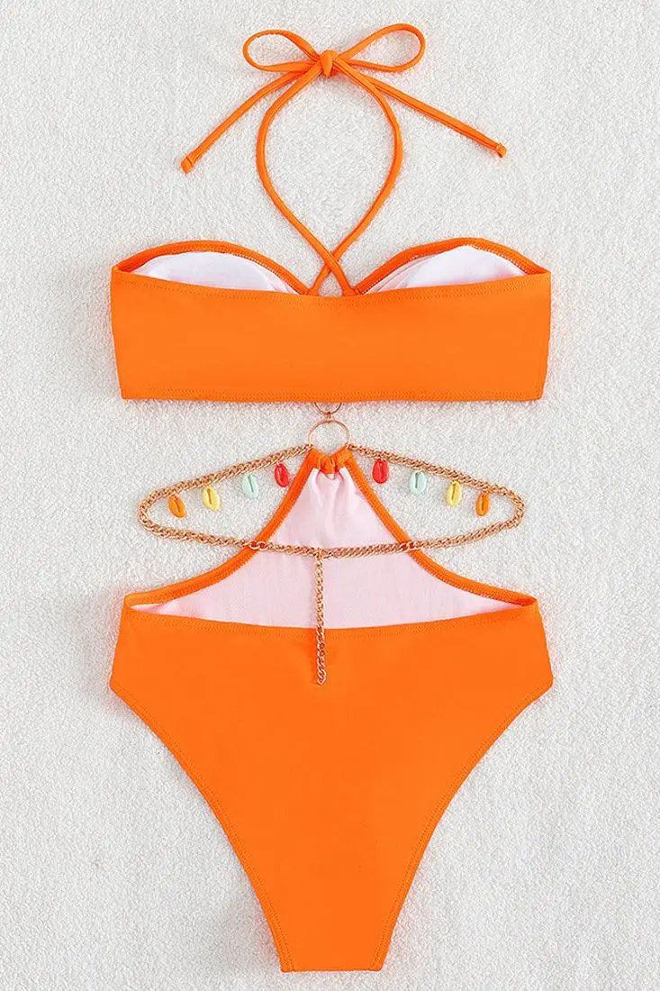 Orange Halter Cut-Out Rainbow Sea Shell Chain 1Pc Swimsuit Monokini