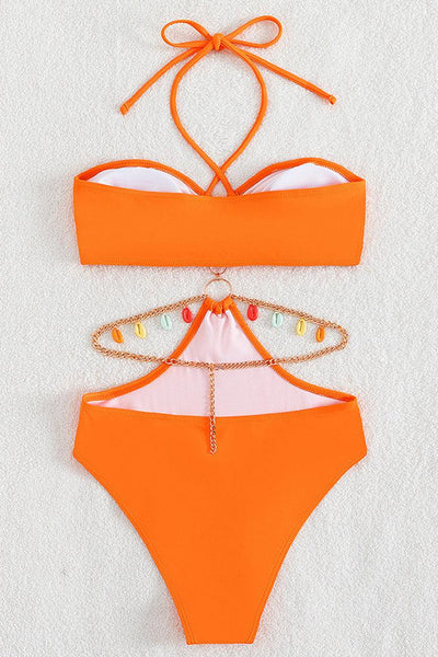 Orange Halter Cut-Out Rainbow Sea Shell Chain 1Pc Swimsuit Monokini - AMIClubwear