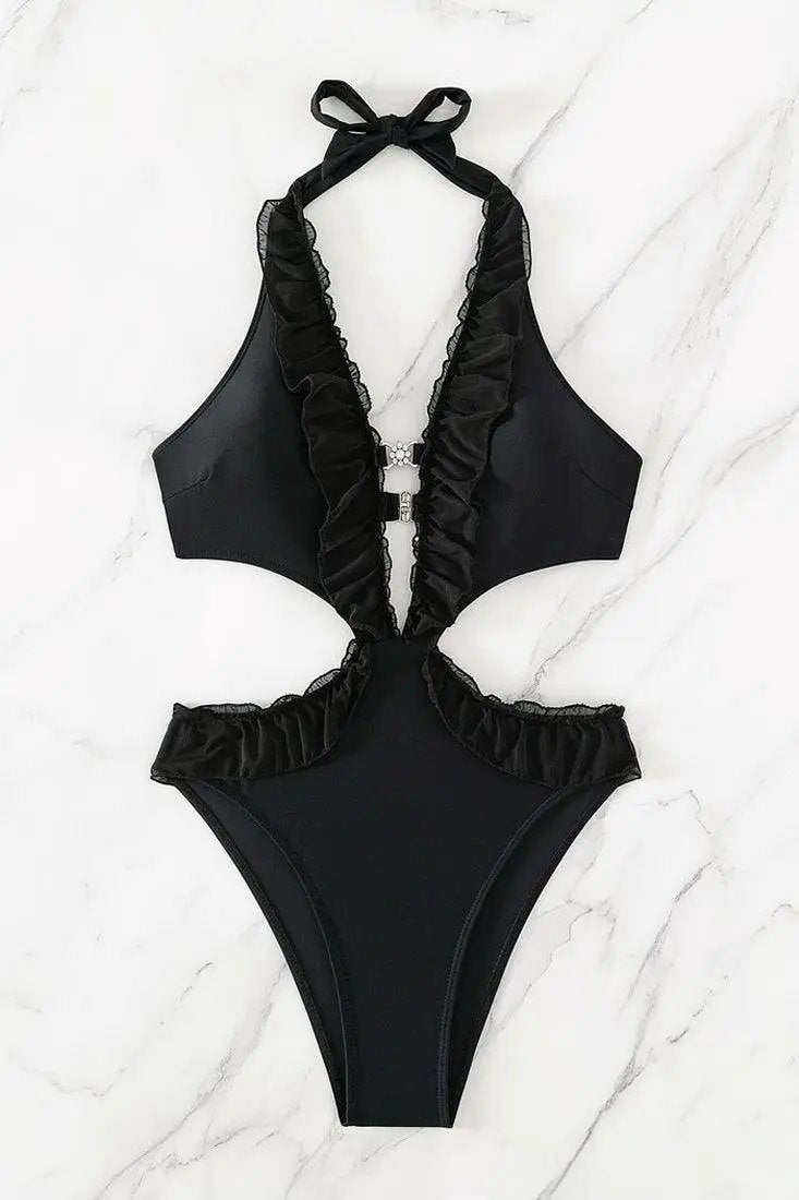 Black Ruffle Rhinestone Halter Plunging Sexy 1Pc Swimsuit Monokini