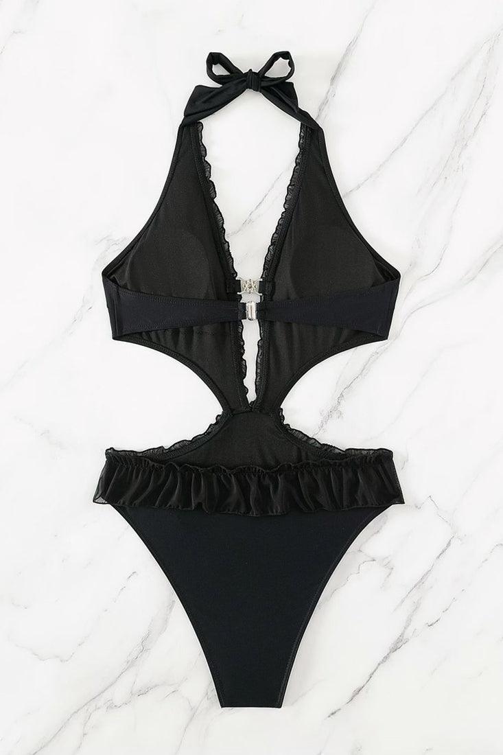 Black Ruffle Rhinestone Halter Plunging Sexy 1Pc Swimsuit Monokini - AMIClubwear