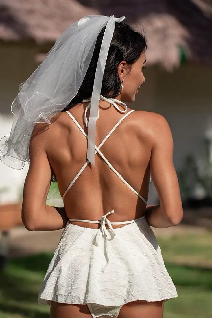 White Plunging V Strappy Skirted Cheeky Sexy 1Pc Bridal Swimsuit Monokini
