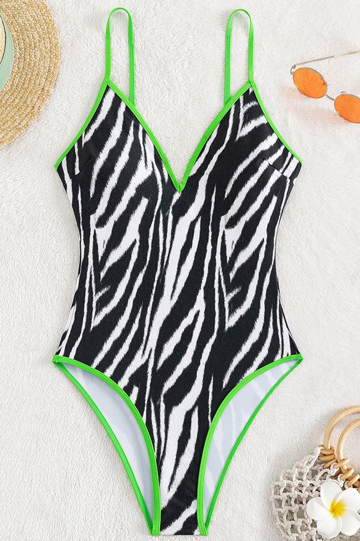 Black Zebra Lime V-Cut Fitted Cheeky 1Pc Swimsuit Monokini