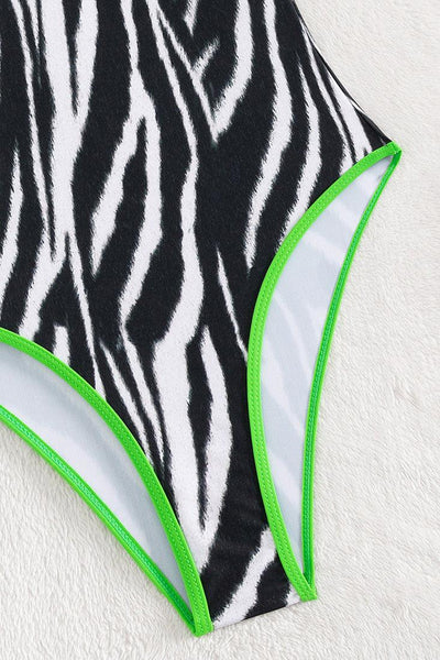 Black Zebra Lime V-Cut Fitted Cheeky 1Pc Swimsuit Monokini - AMIClubwear