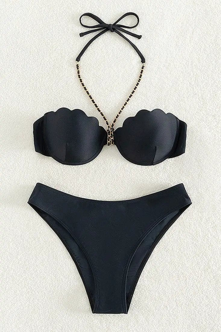 Black Wired Shell Cup Chain Halter High Waist Cheeky 2 Pc Swimsuit Set