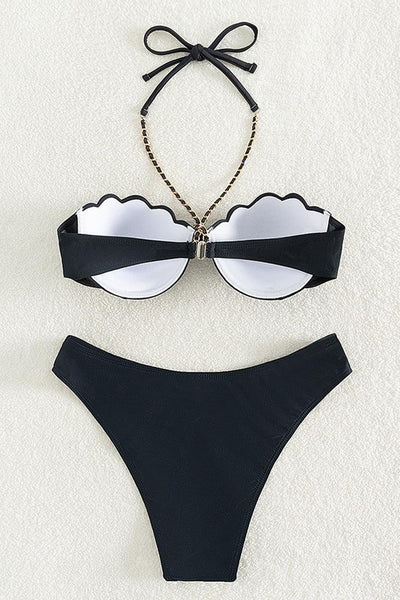 Black Wired Shell Cup Chain Halter High Waist Cheeky 2 Pc Swimsuit Set - AMIClubwear