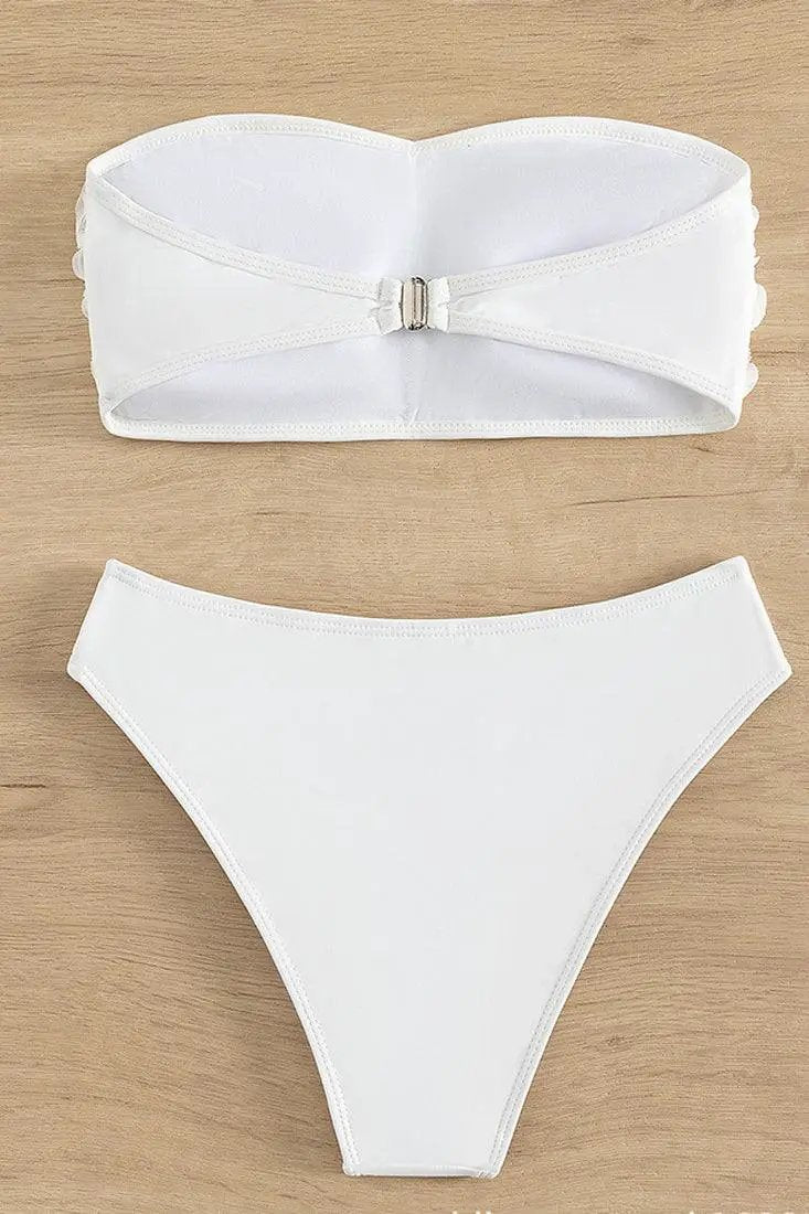 White 3D Flowers Rosette Bandeau High Waist Cheeky 2Pc Swimsuit Set