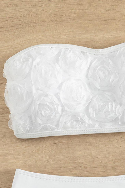 White 3D Flowers Rosette Bandeau High Waist Cheeky 2Pc Swimsuit Set - AMIClubwear