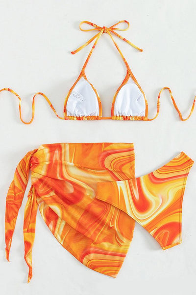 Orange Swirl Print Triangle Cheeky Mesh Cover-Up 3Pc Swimsuit Set