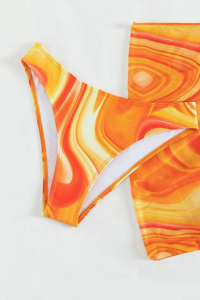Orange Swirl Print Triangle Cheeky Mesh Cover-Up 3Pc Swimsuit Set - AMIClubwear