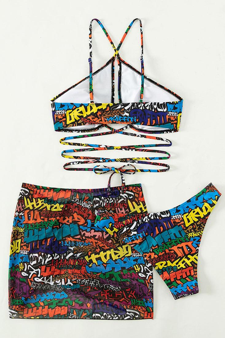 Multi Rainbow Graffiti Print Strappy Cheeky Mesh Cover-Up 3Pc Swimsuit Set - AMIClubwear