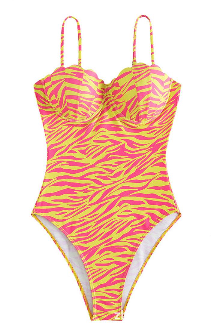 Orange Zebra Print Sea Shell Push-Up Cup Sexy 1PC Swimsuit Monokini