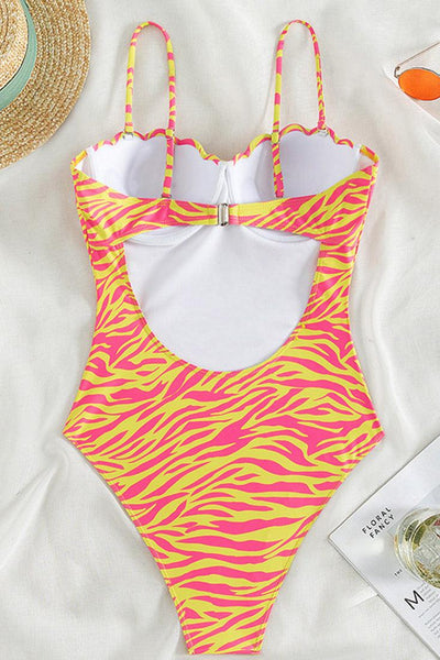 Orange Zebra Print Sea Shell Push-Up Cup Sexy 1PC Swimsuit Monokini