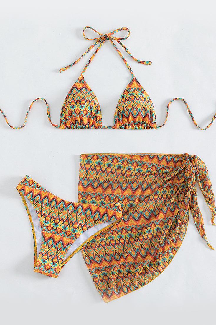 Multi Aztec Print Triangle Cheeky Cover-Up 3Pc Swimsuit Set Bikini - AMIClubwear