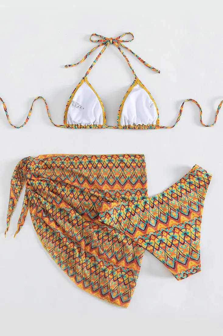 Multi Aztec Print Triangle Cheeky Cover-Up 3Pc Swimsuit Set Bikini