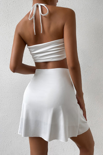 White Satin Metal Decor Cut-Out Halter Sexy Fit & Flare Party Dress