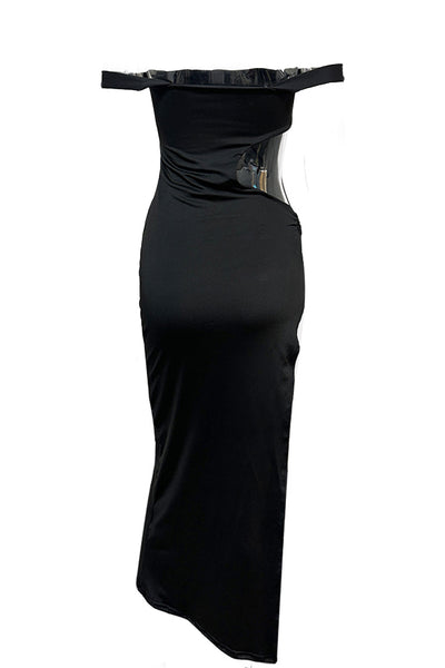 Black Off The Shoulders Cut-Out O-Ring High Slit Sexy Maxi Party Dress