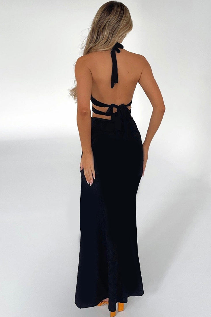 Black Halter Cut-Out Strappy Buckle Ring Sexy Maxi Party Dress