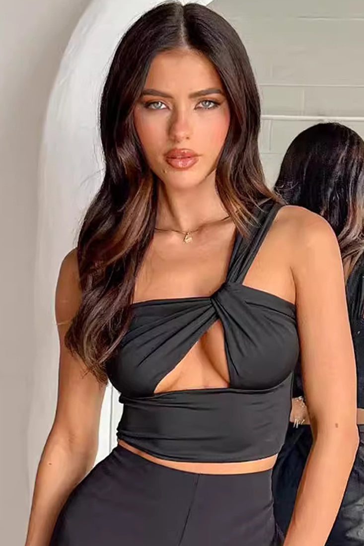 Black One Shoulder Twist Cut-Out Sexy Crop Top