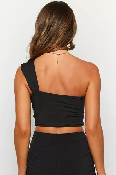 Black One Shoulder Twist Cut-Out Sexy Crop Top