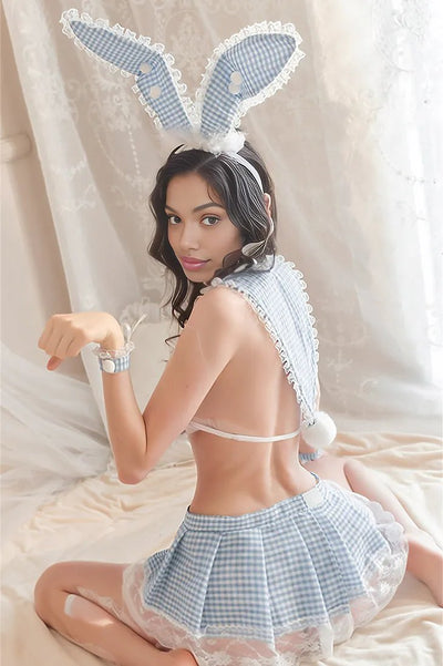 Blue white Gingham Lace Pom Pom 6Pc Sexy Bunny Costume