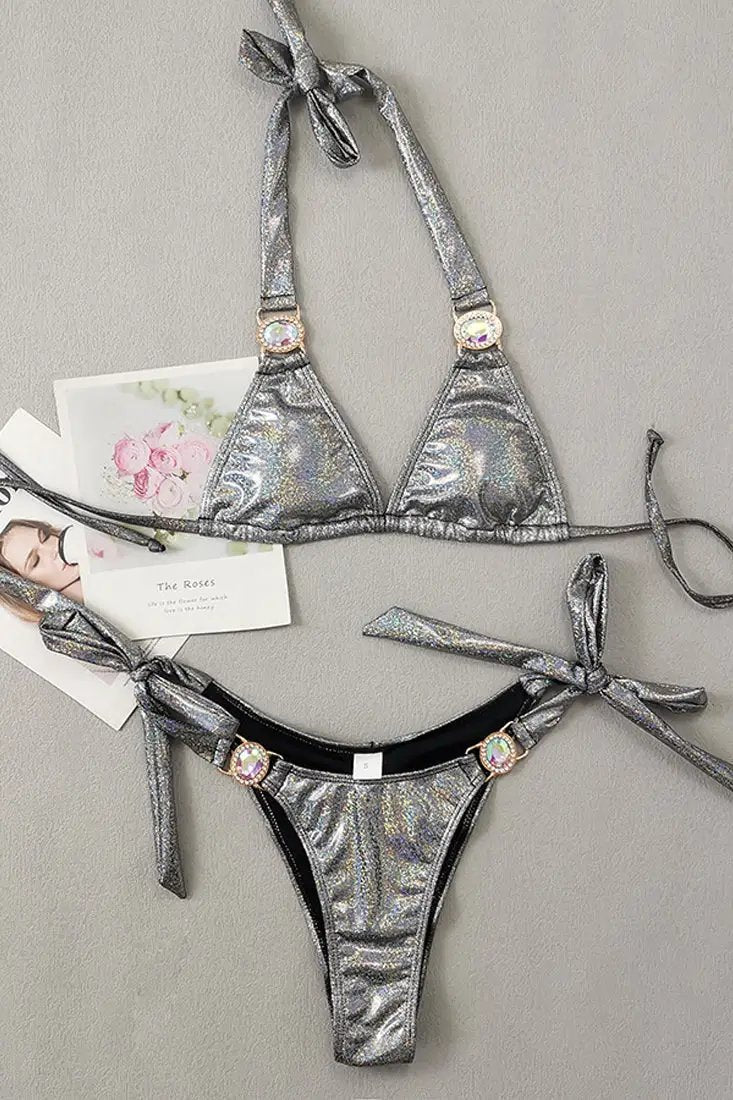 Pewter Holographic Rhinestone Sexy Cheeky Ruched Butt 2Pc Swimsuit