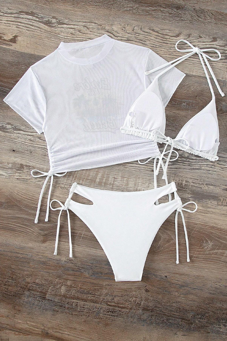 White Triangle High Lace Up High Waist Mesh Top 3Pc Swimsuit Set