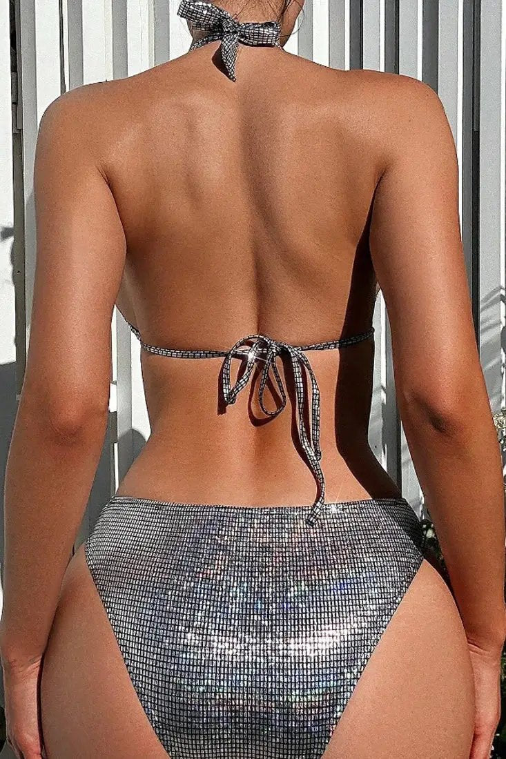 Silver Holographic Plunging O-Ring Sexy Monokini 1Pc Swimsuit