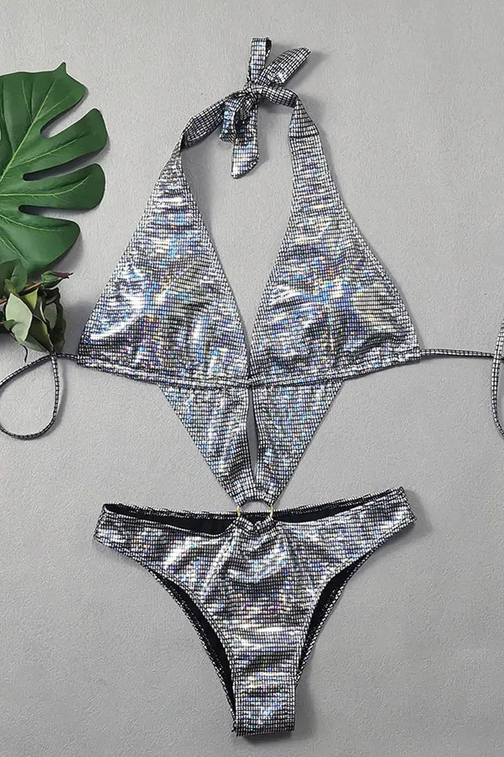 Silver Holographic Plunging O-Ring Sexy Monokini 1Pc Swimsuit