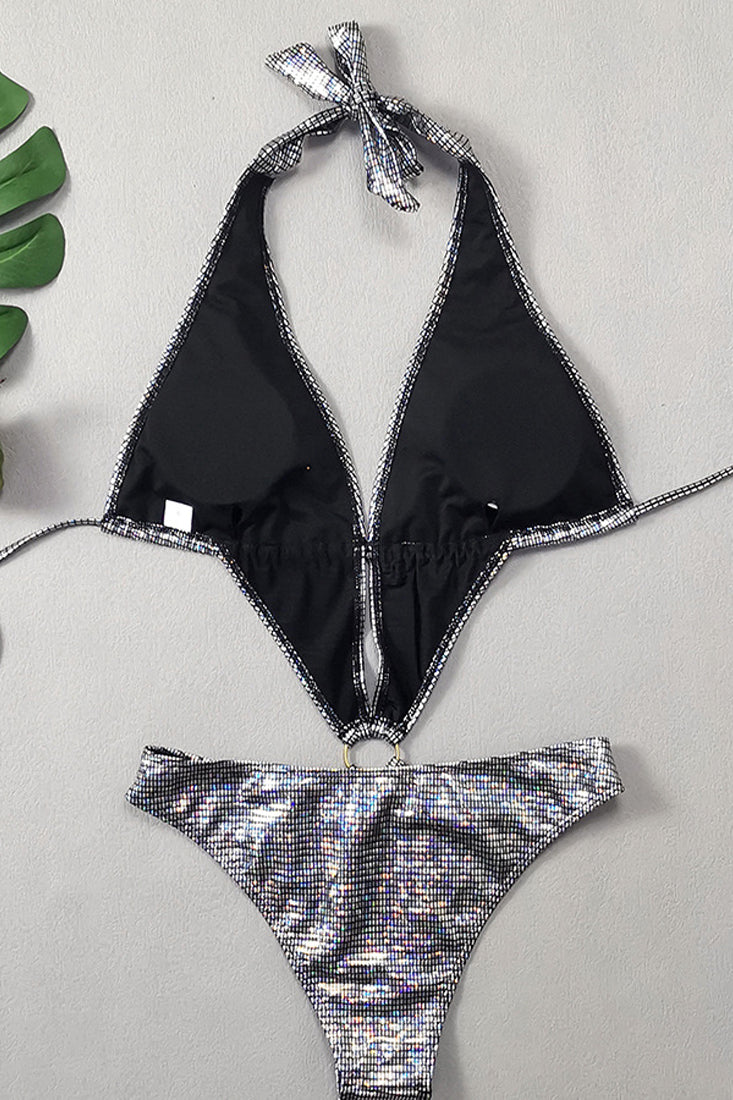 Silver Holographic Plunging O-Ring Sexy Monokini 1Pc Swimsuit