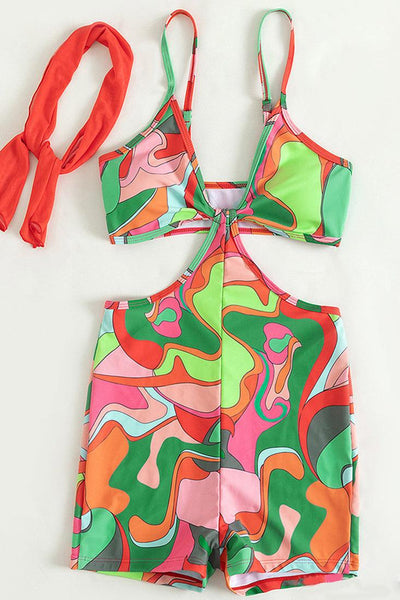 Red Multi Print Triangle Cut-Out Sexy Stretchy Fitted 2Pc Scarf Swimsuit Romper - AMIClubwear