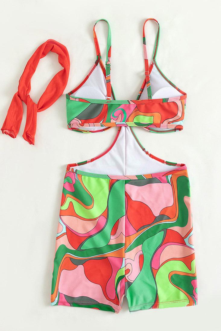 Red Multi Print Triangle Cut-Out Sexy Stretchy Fitted 2Pc Scarf Swimsuit Romper - AMIClubwear