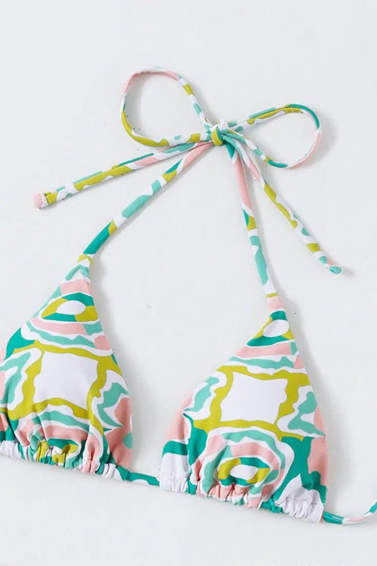 Green Abstract Floral Print Triangle Cheeky Cover-Up 3Pc Swimsuit Set