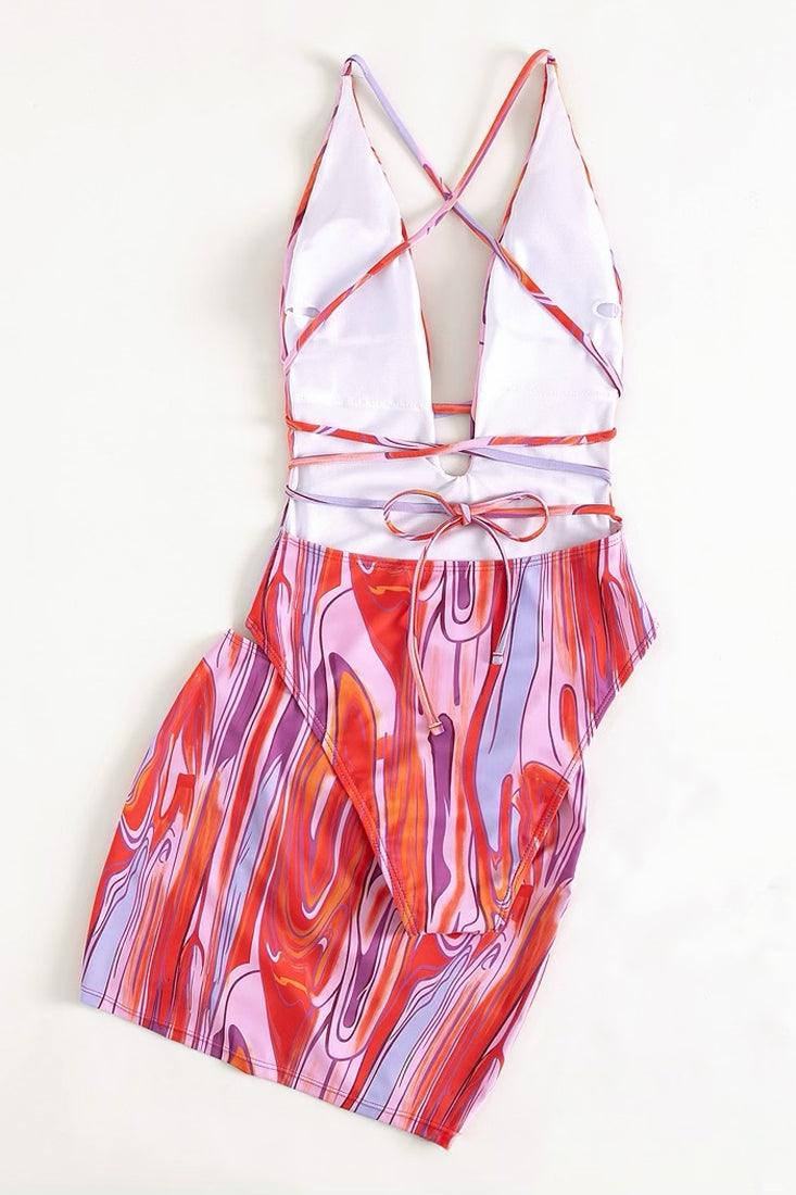 Hot Pink Printed Strappy Wrap Around Monokini Skirt Cover-Up 2Pc Swimsuit Set - AMIClubwear