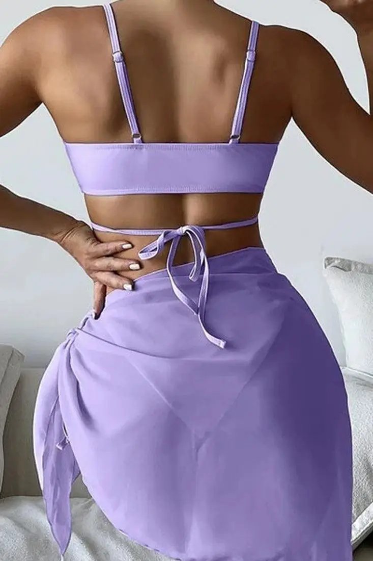Lavender Butterfly 3Pc Triangle Cheeky Cover-Up Swimsuit Set Bikini