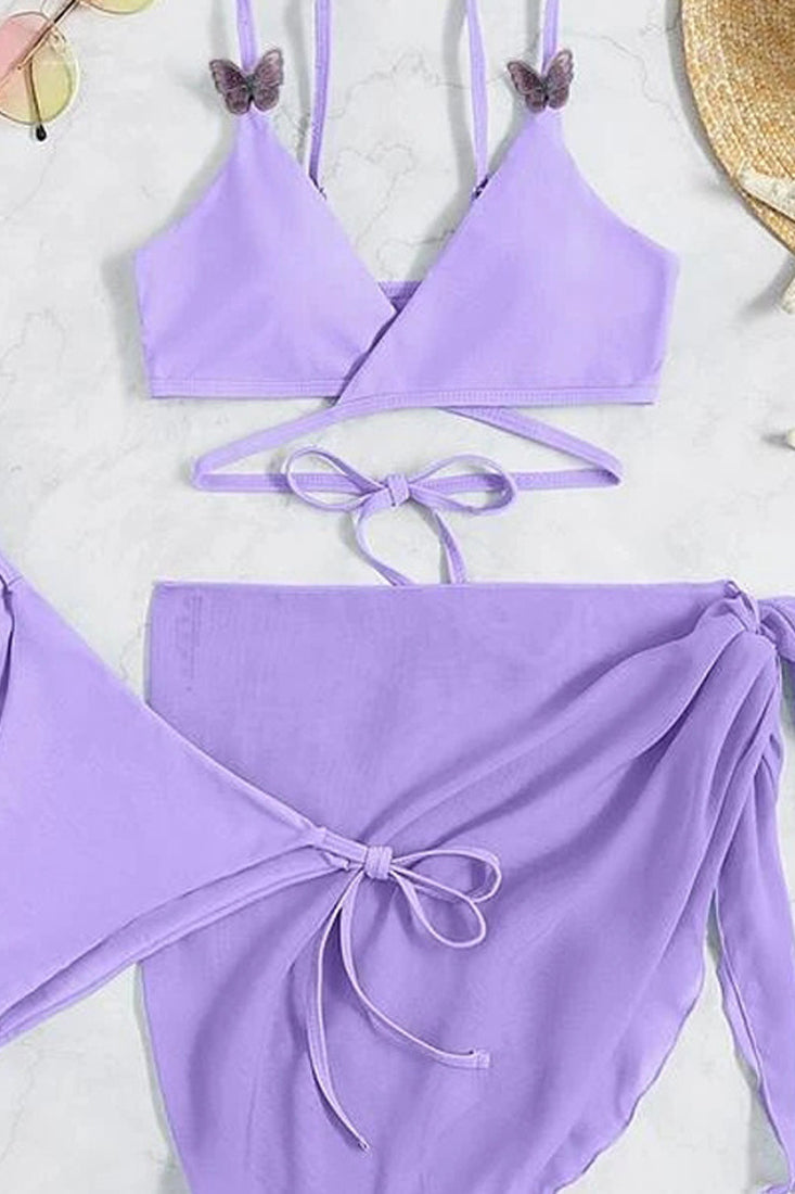 Lavender Butterfly 3Pc Triangle Cheeky Cover-Up Swimsuit Set Bikini