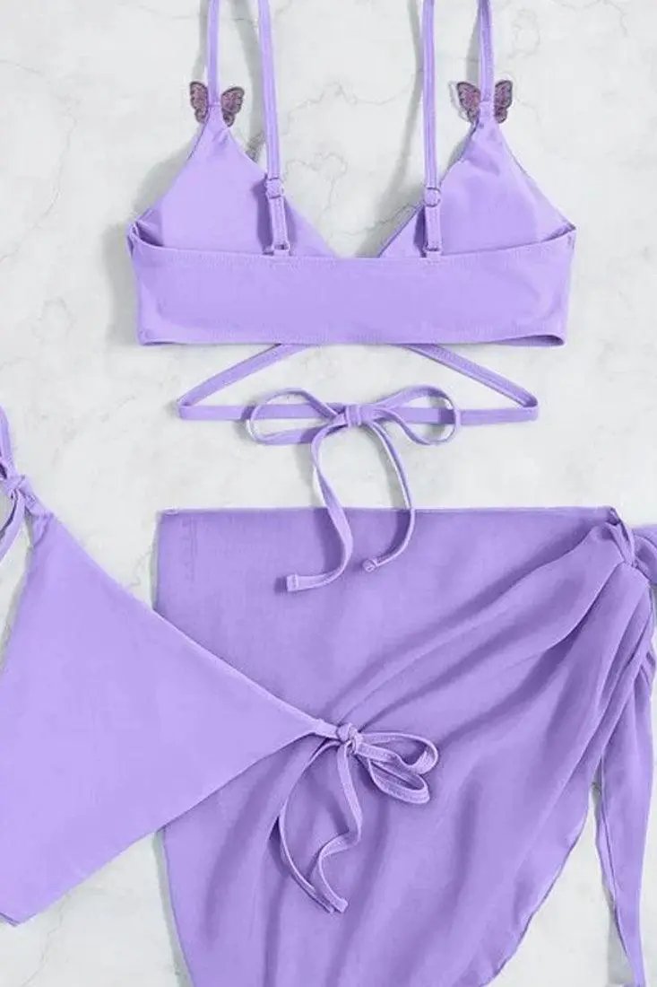 Lavender Butterfly 3Pc Triangle Cheeky Cover-Up Swimsuit Set Bikini