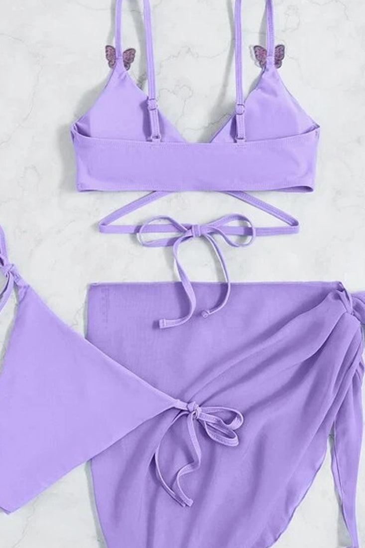 Lavender Butterfly 3Pc Triangle Cheeky Cover-Up Swimsuit Set Bikini - AMIClubwear