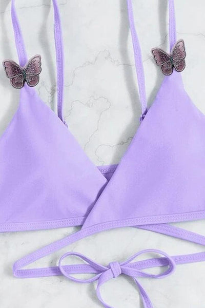 Lavender Butterfly 3Pc Triangle Cheeky Cover-Up Swimsuit Set Bikini - AMIClubwear