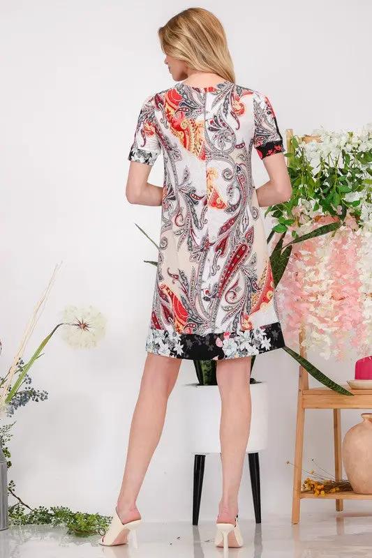 Celeste Full Size Paisley Print Short Sleeve Mini Dress with Pockets Plus Size