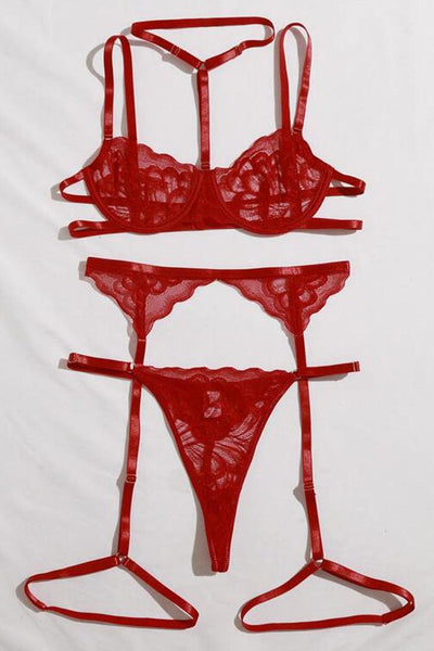 Red Lace Choker Sexy Lingerie 3 Pc Set - AMIClubwear