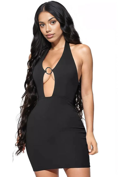 Black Halter O-Ring Cut-Out Sexy Fitted Mini Party Dress