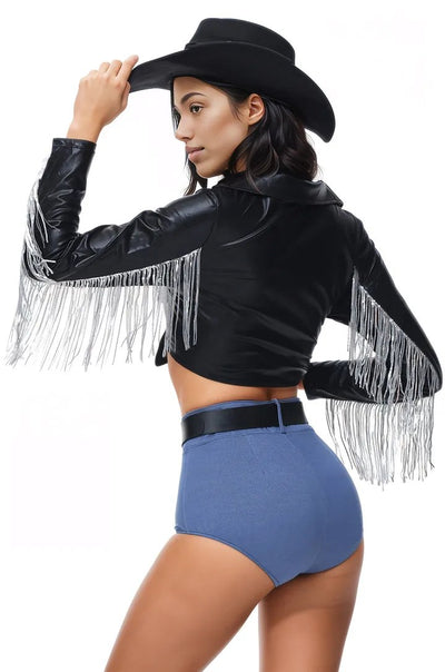 Black Fringe Shirt Shorts 4Pc Sexy Western Cowgirl Costume