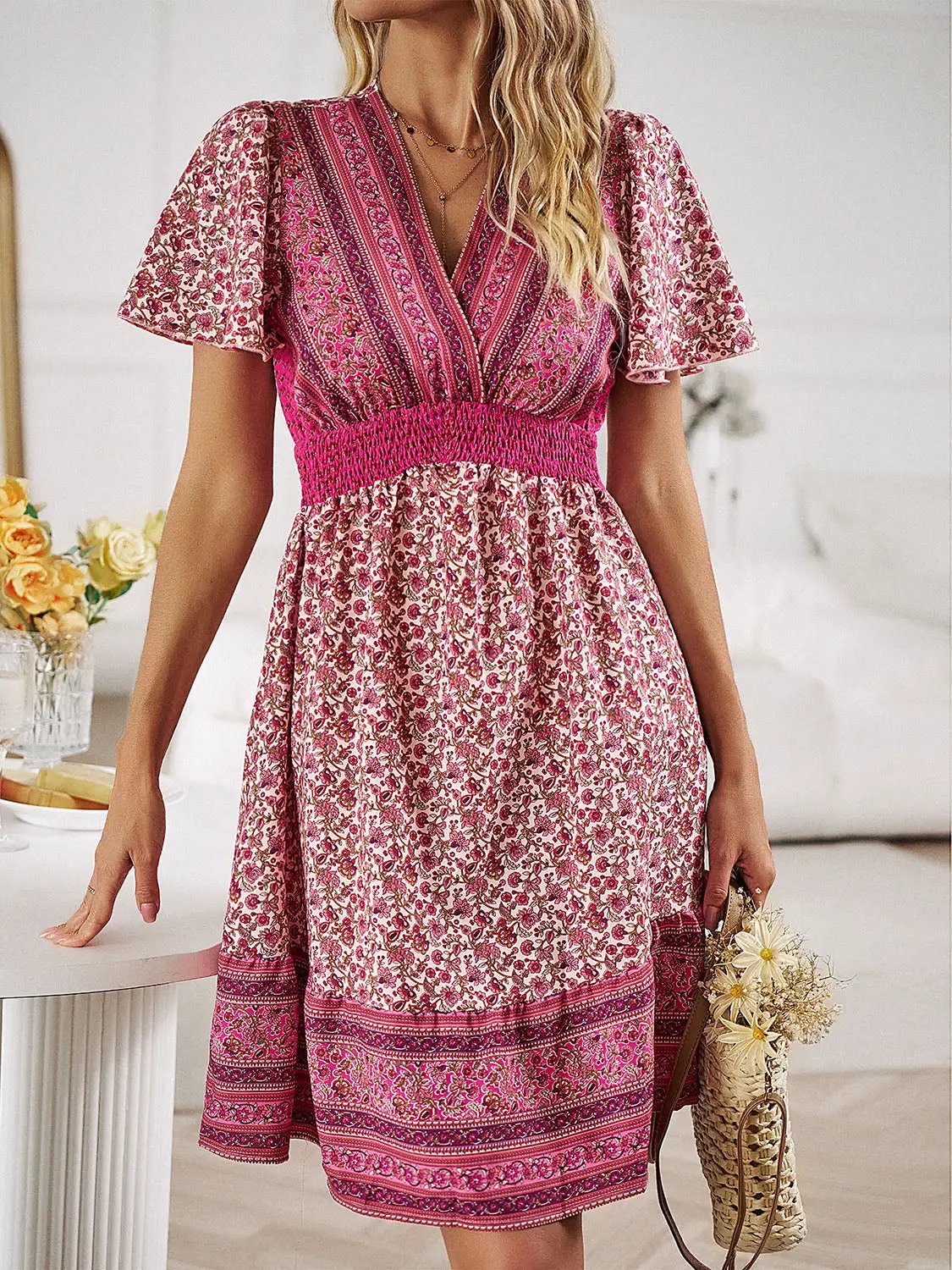 Floral Smocked Waist Short Sleeve Mini Dress