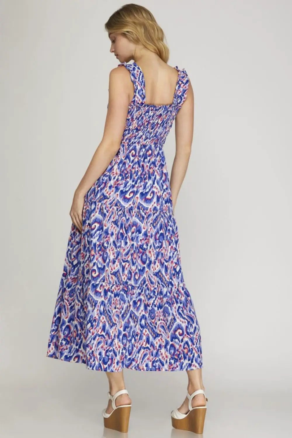 She + Sky Full Size Smocked Printed Wide Strap Tiered Dress Plus Size