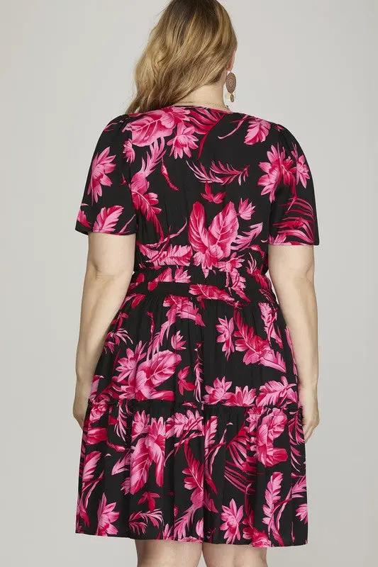 She + Sky Full Size Printed Notched Short Sleeve Frill Tiered Dress Plus Size