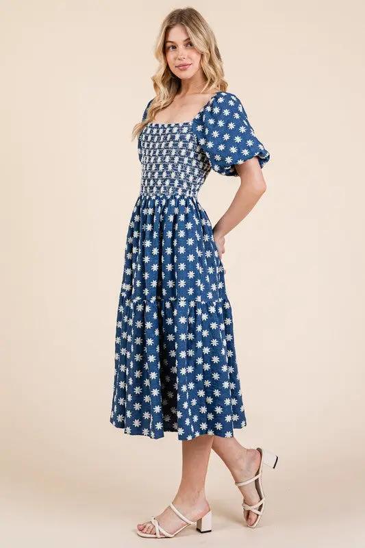 GeeGee Floral Embroidered Smocked Puff Sleeve Tiered Midi Dress