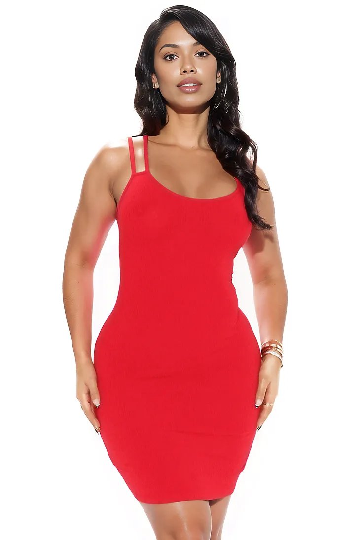 Red Ribbed Double Straps Sexy Fitted Dress