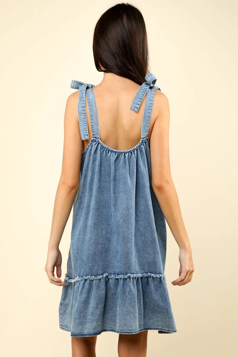 VERY J Shoulder Tie Washed Denim Mini Dress