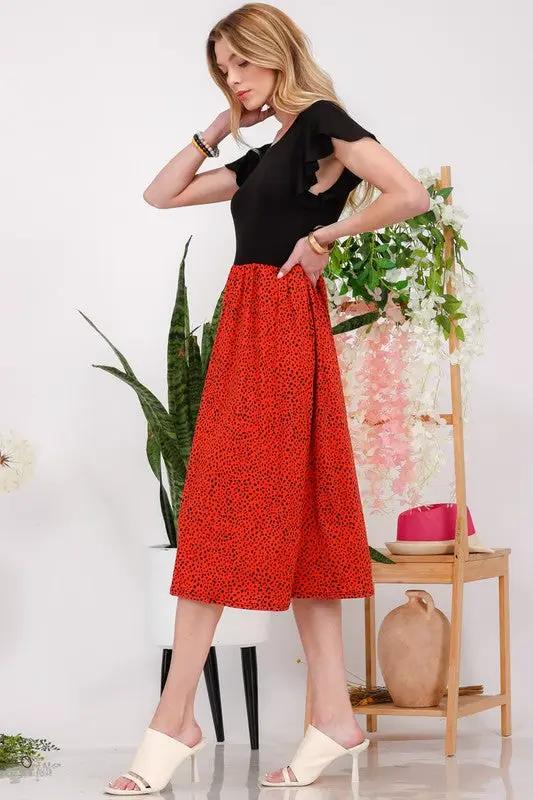Celeste Full Size Two Tone Animal Print Flutter Sleeve Midi Dress Plus Size